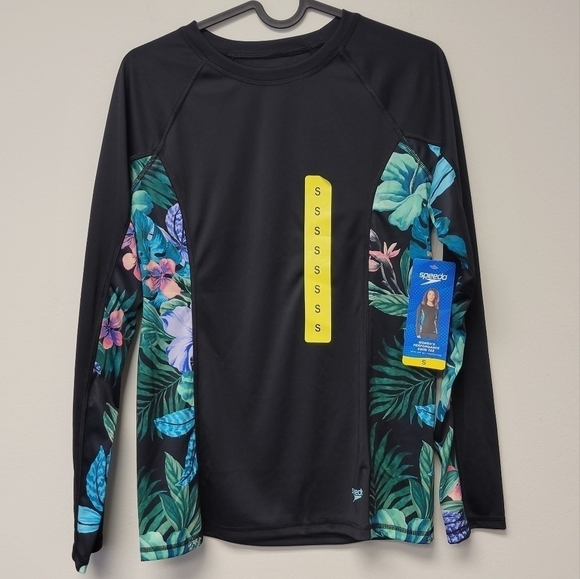 Speedo Performance Swim Tee Rash guard Floral Black S - Picture 1 of 8